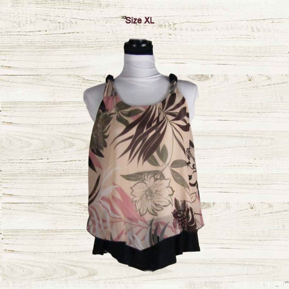 Womens top  size XL blouse layered  black with brown prints